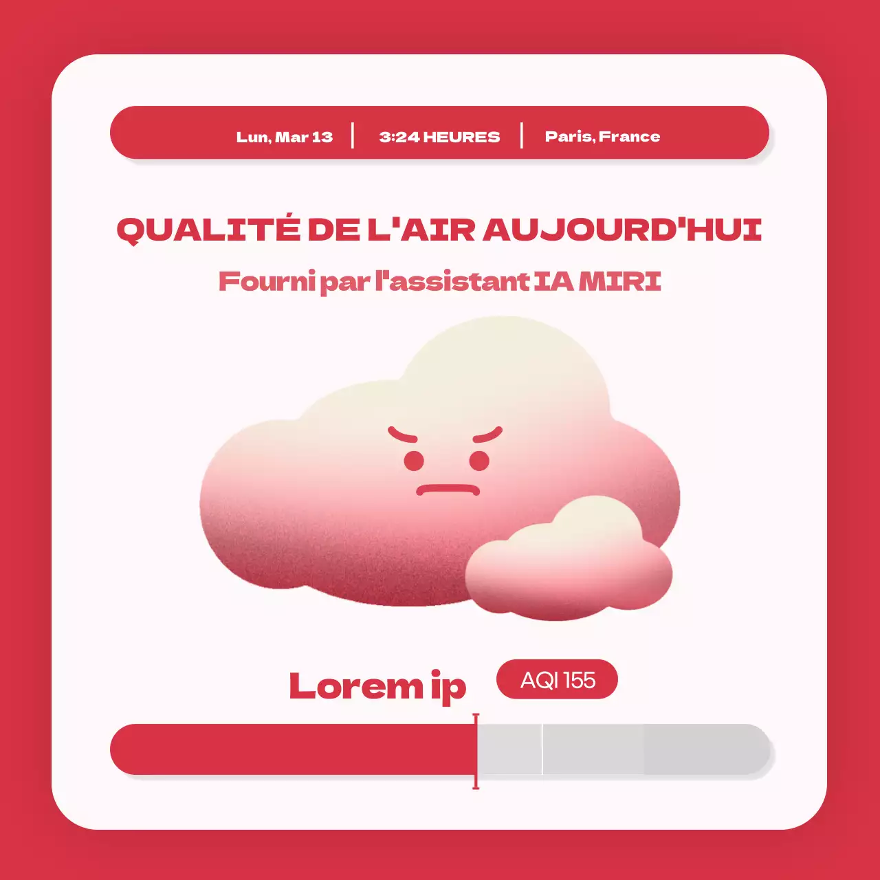 Des illustrations simples en vert et en rouge pour vous alerter sur les niveaux de poussières fines du jour.