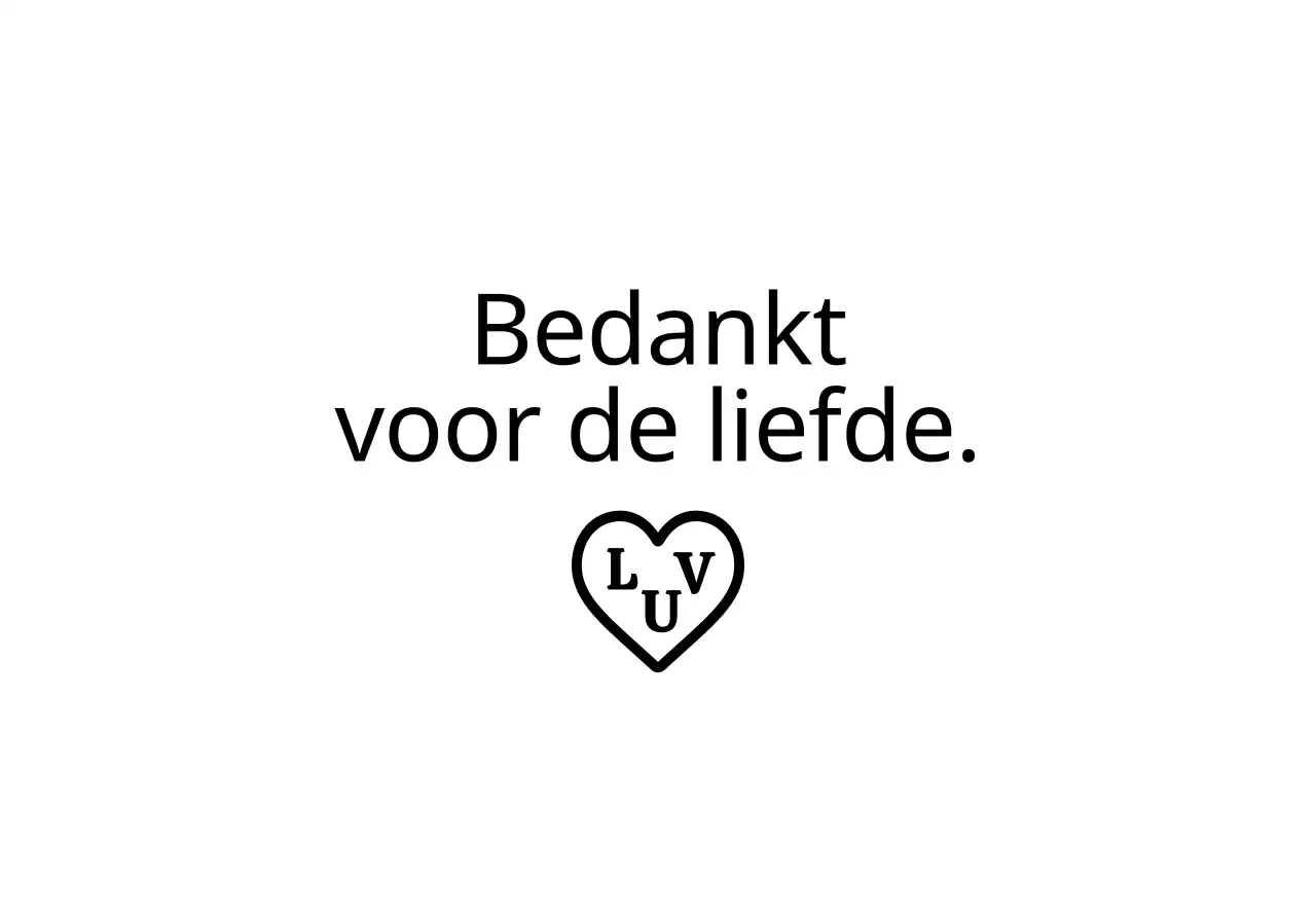 Een eenvoudige bedank-envelop met zwarte tekst en een hartvormige illustratie.