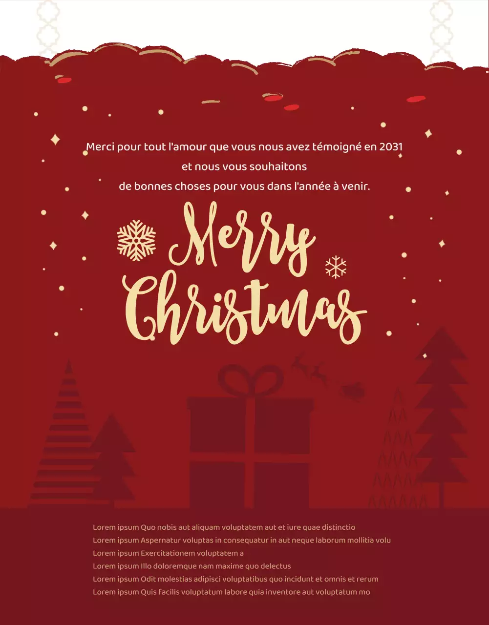 Événement de Noël où l'on achète un produit pour en obtenir un gratuitement, avec un fond rouge et des décorations de sapin.