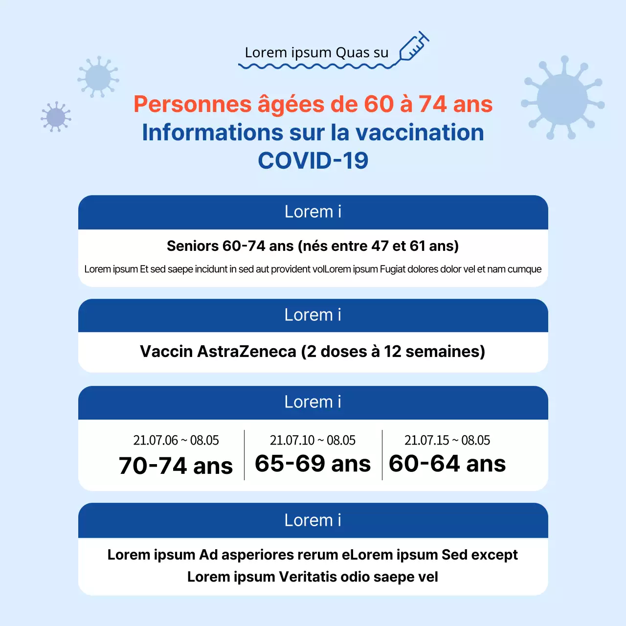 Affiche carrée sur la vaccination contre le coronavirus avec tableau dans les tons bleus