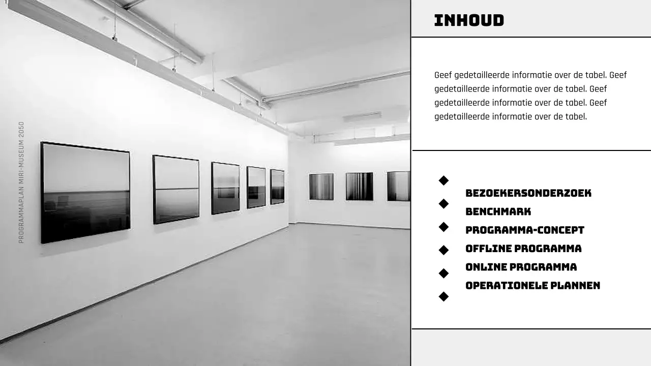 Een modern museumprogramma plannen in zwart en paars