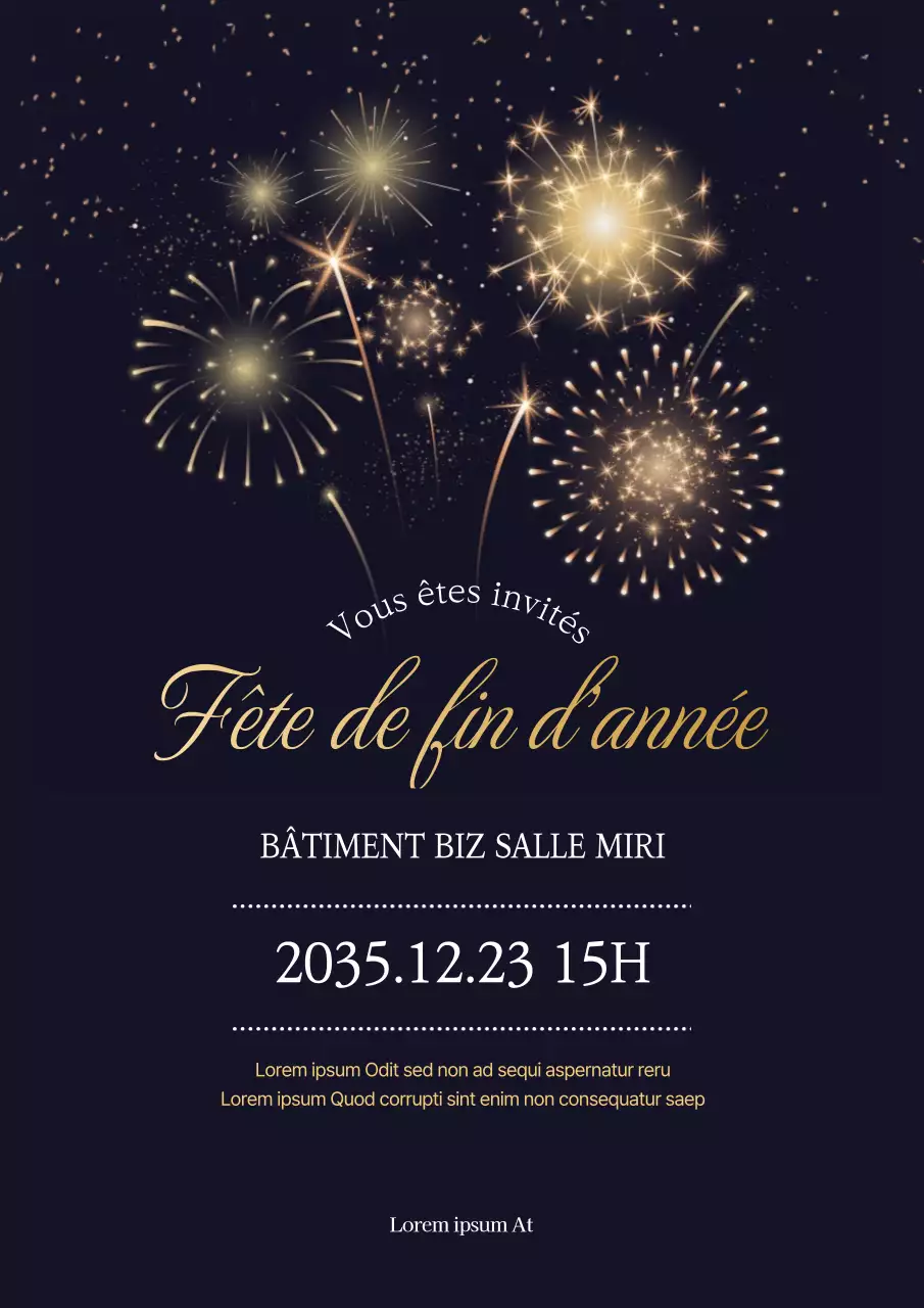 Illustration de feux d'artifice noir et or annonce de la fête de fin d'année