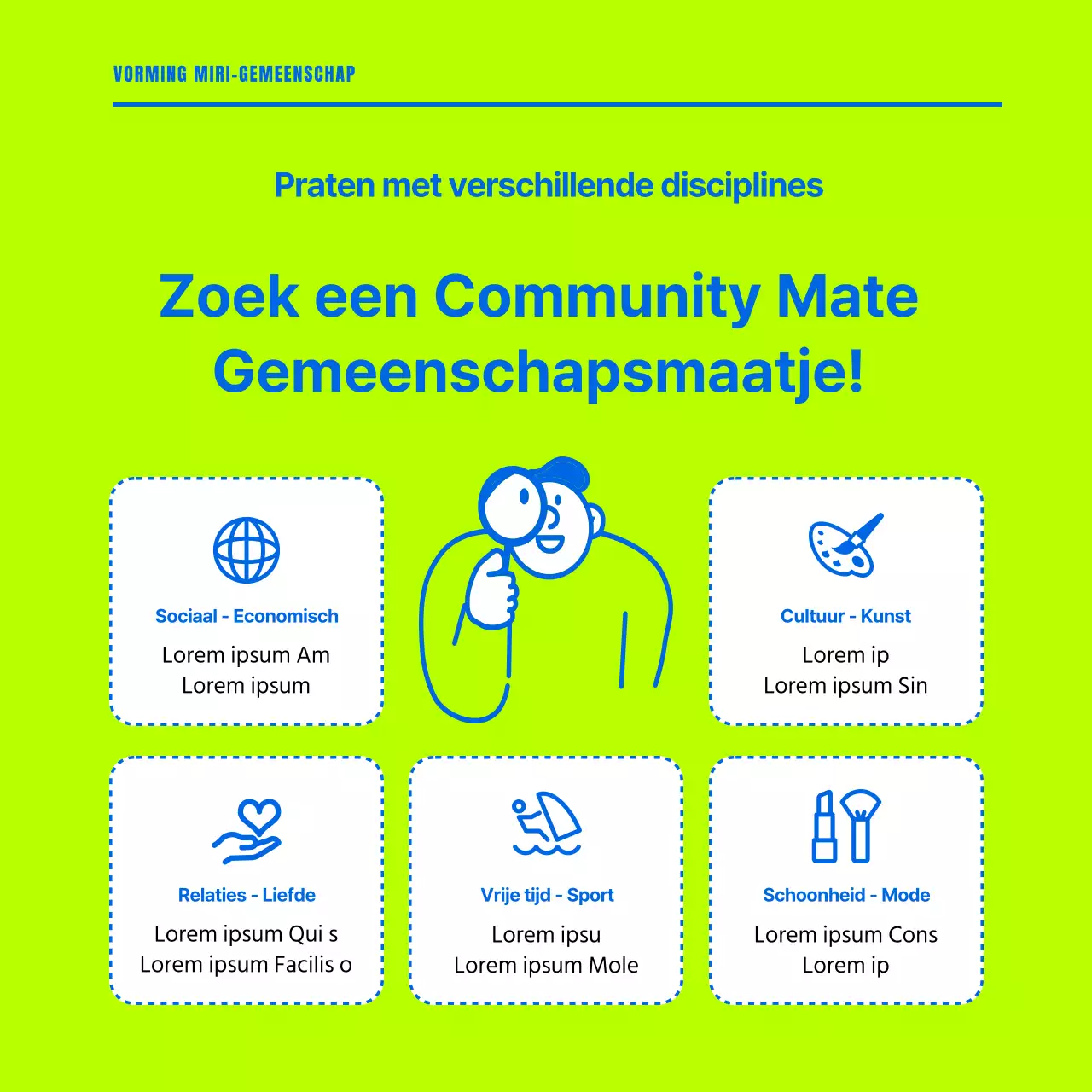 Promoot een minimalistische gemeenschap in fluorescerende en blauwe tinten