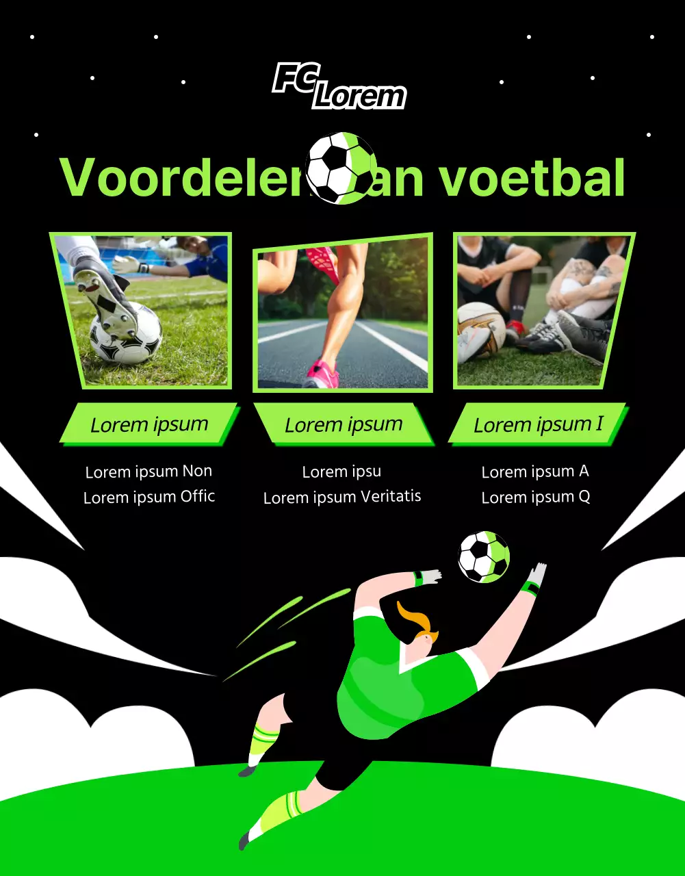 Dynamische werving voor damesvoetbal in limegroen en zwart