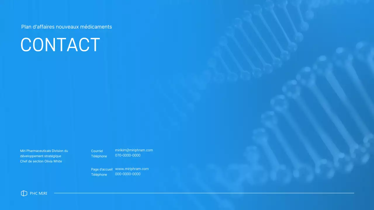 Un plan d'affaires propre, aux tons bleus, pour une entreprise pharmaceutique qui développe un nouveau médicament.