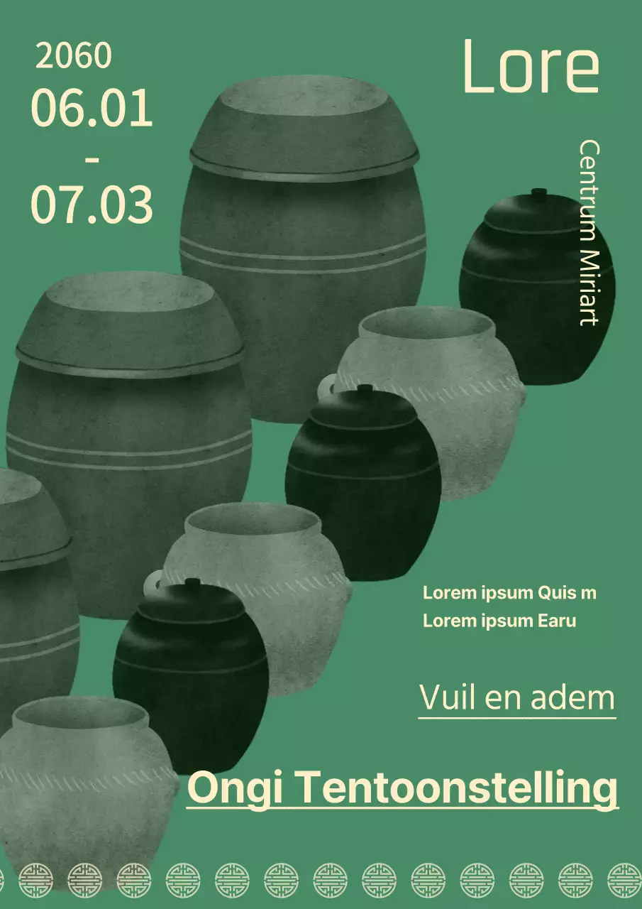 Gids voor een tentoonstelling van traditionele keramiek in groen en beige