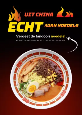 Rood-zwart kleurverloop intens pittige ramen om nieuw menu te promoten