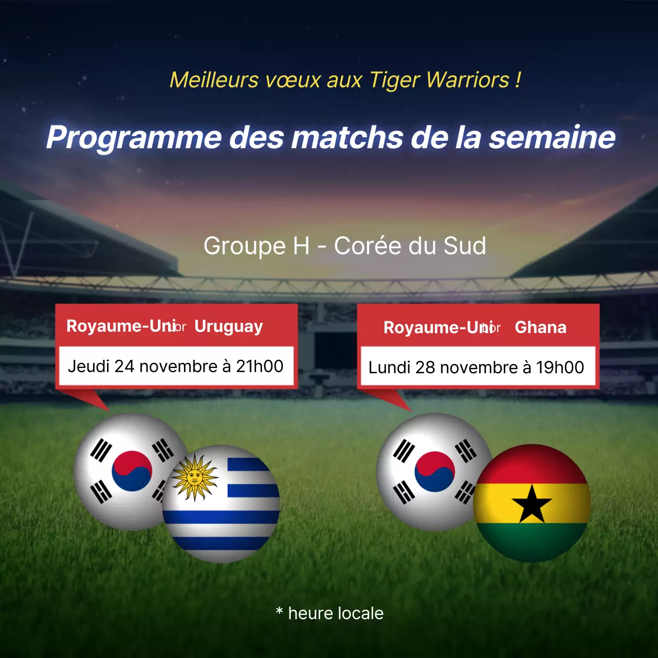 Coupe du monde de football Les matches de la semaine Encouragez l'équipe nationale coréenne de football lors des matches internationaux de football