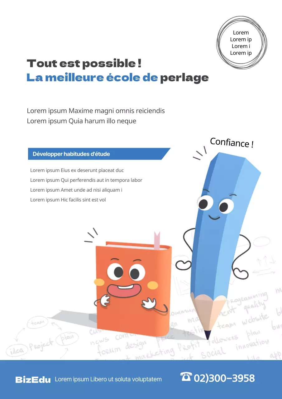 Faites la promotion de votre école avec une jolie illustration d'un personnage bleu représentant des fournitures scolaires.