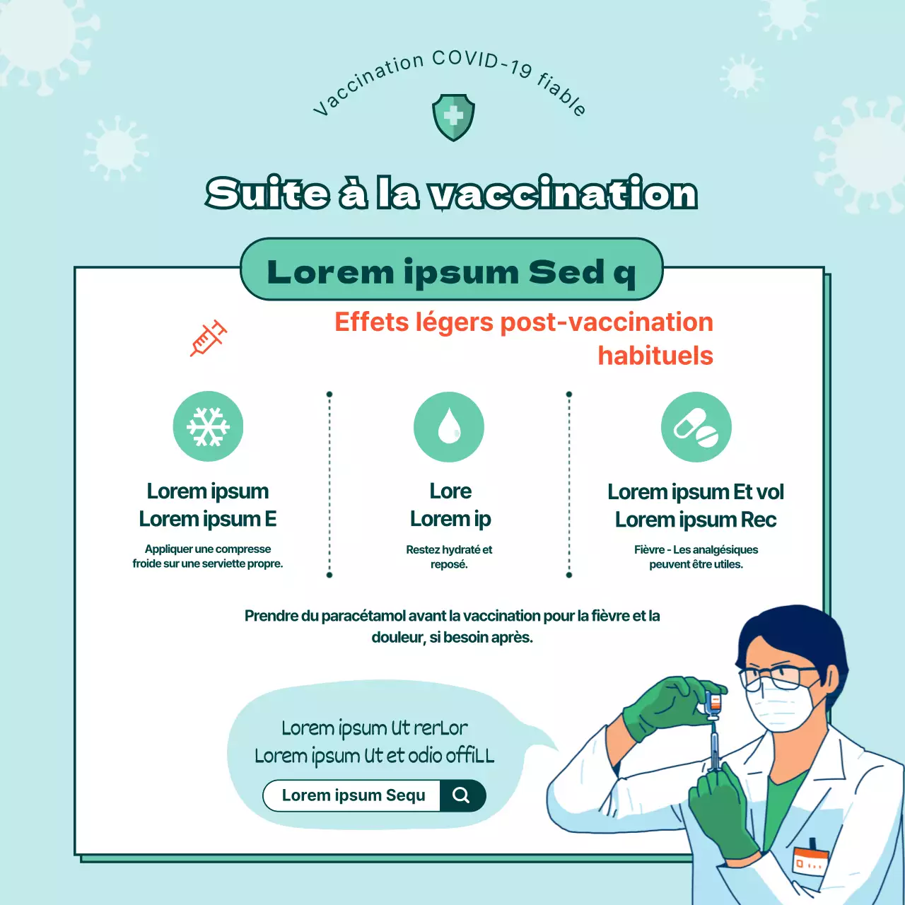 Instructions illustrées bleu clair et vert pour la vaccination contre le coronavirus