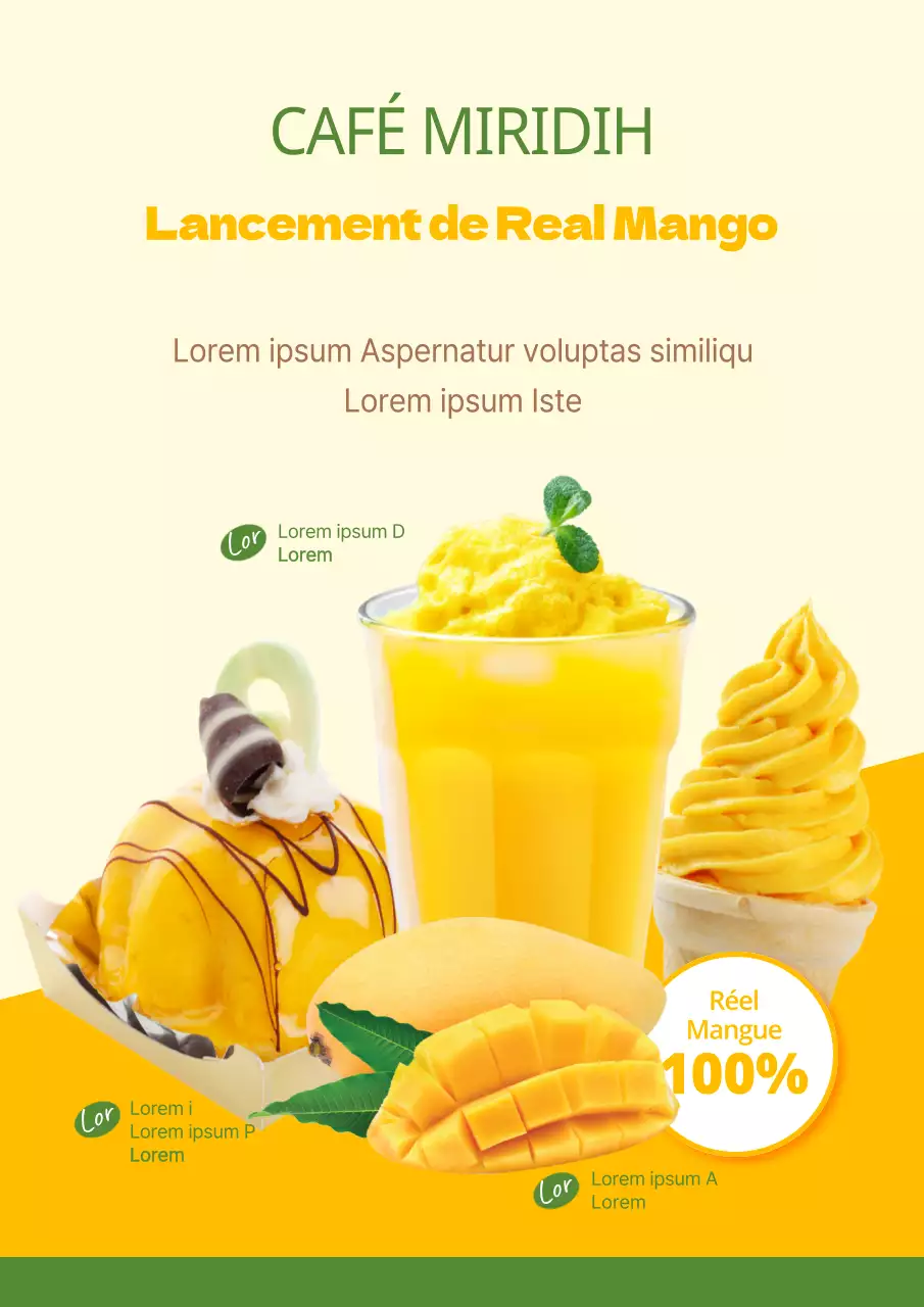 Page promotionnelle du lancement de la mangue véritable jaune-vert