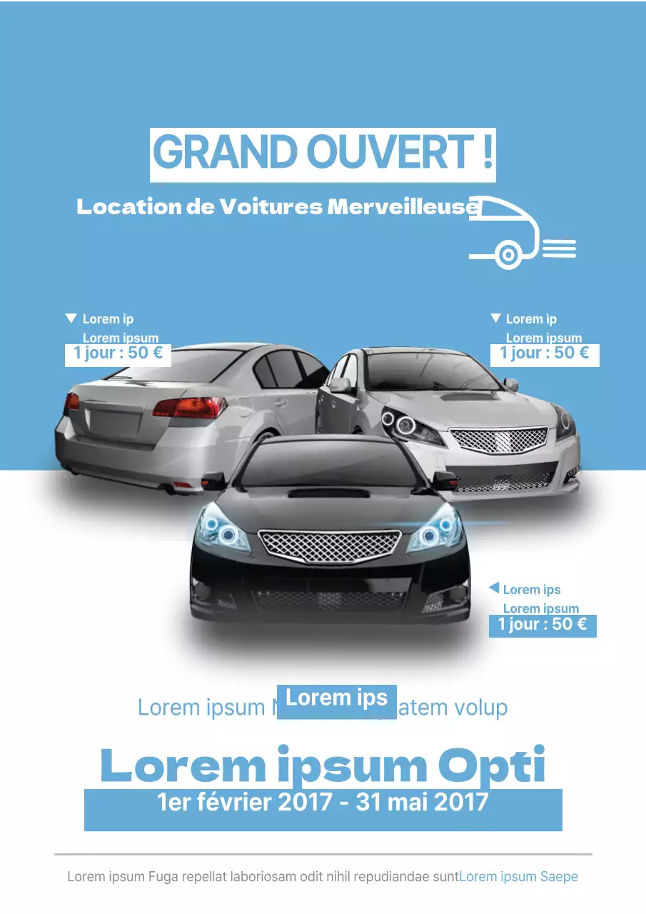 Flyer promotionnel simple, bleu clair, d'une agence de location de voitures