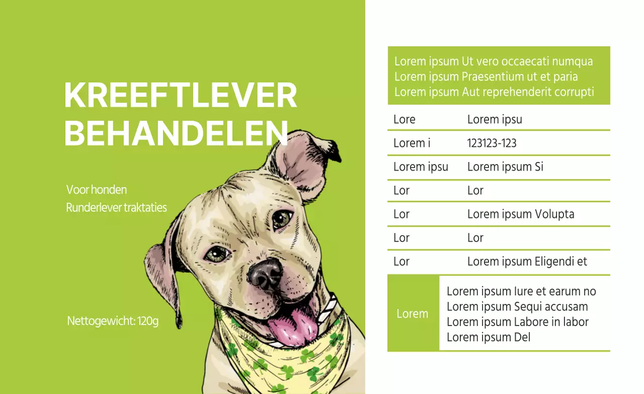 Groen geïllustreerd productdetaillabel voor honden