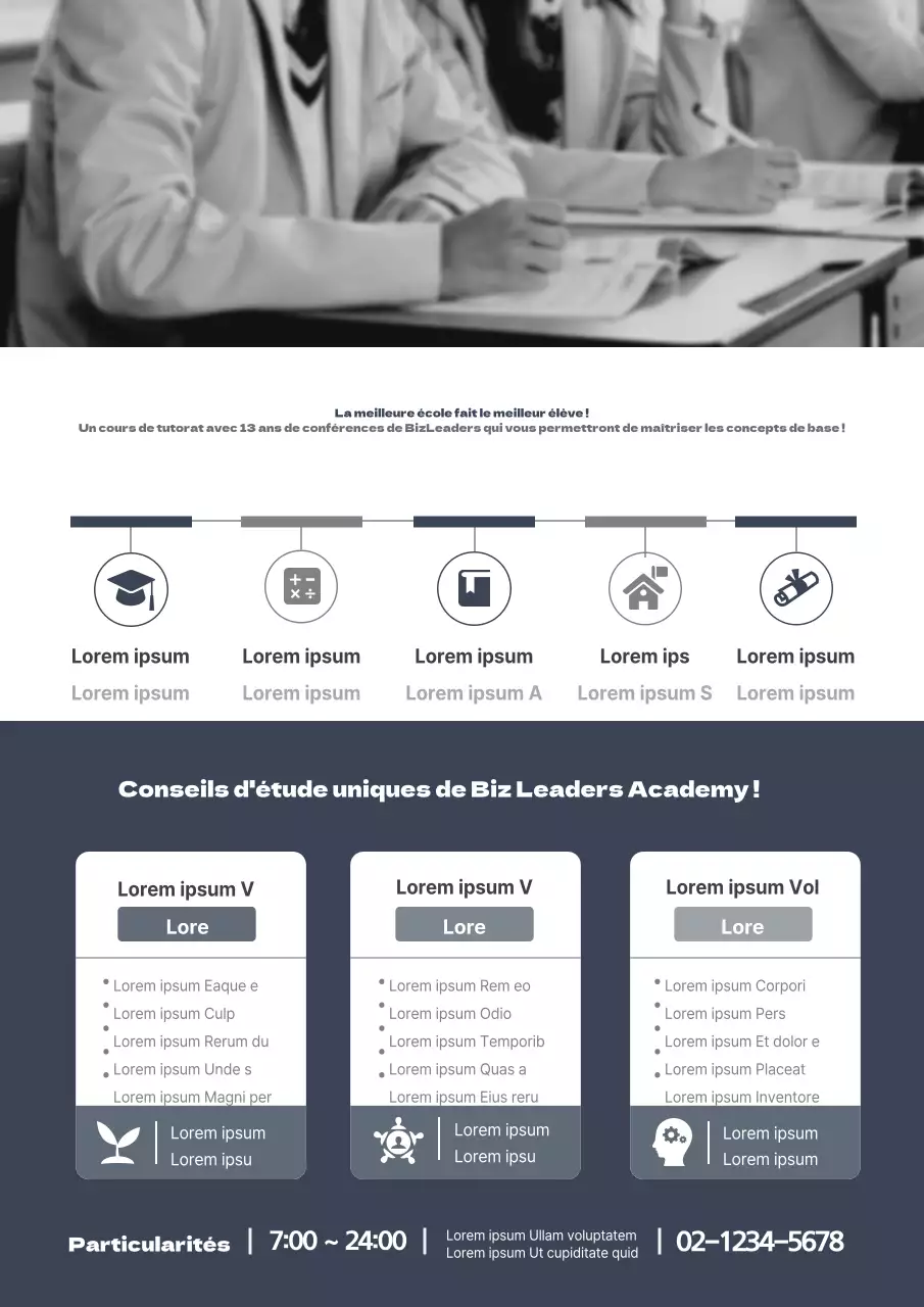 Promotion d'une académie avec des photos en noir et blanc d'étudiants en sodomie