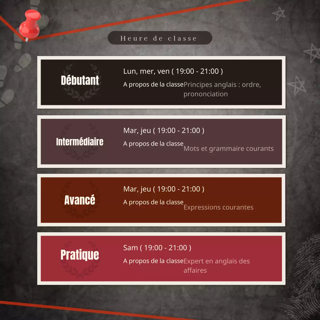 Modèle d'événement scolaire en langue anglaise comme un journal d'événement sombre