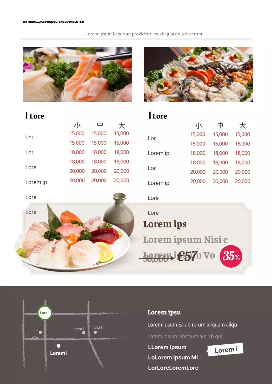 Menu-aankondigingen met foto's van bruin eten