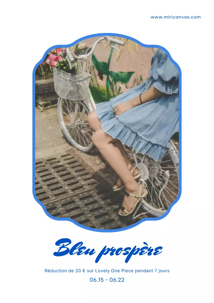 Affiche promouvant une réduction sur des vêtements une pièce élégants pour femmes, en blanc et bleu