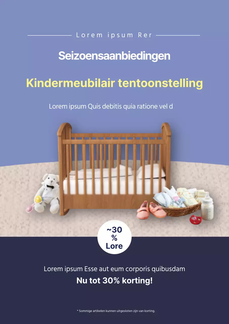 Webposter voor een evenement ter promotie van marineblauwe kindermeubelinterieurs