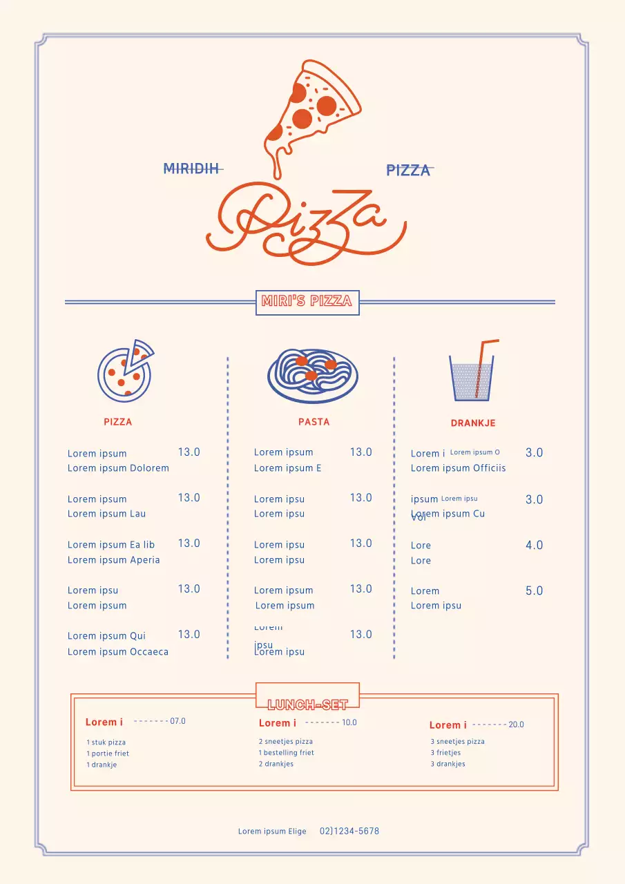 Schattige blauwe en rode karakterillustratie pizzeria flyer