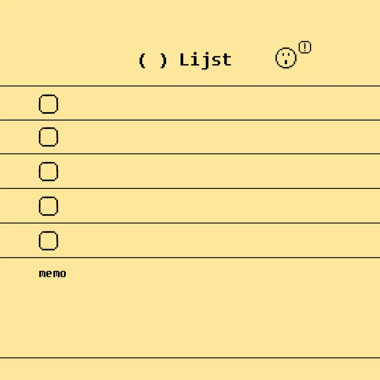 Checklist merchandise met strakke, eenvoudige gepixeleerde illustraties in geel en zwart.