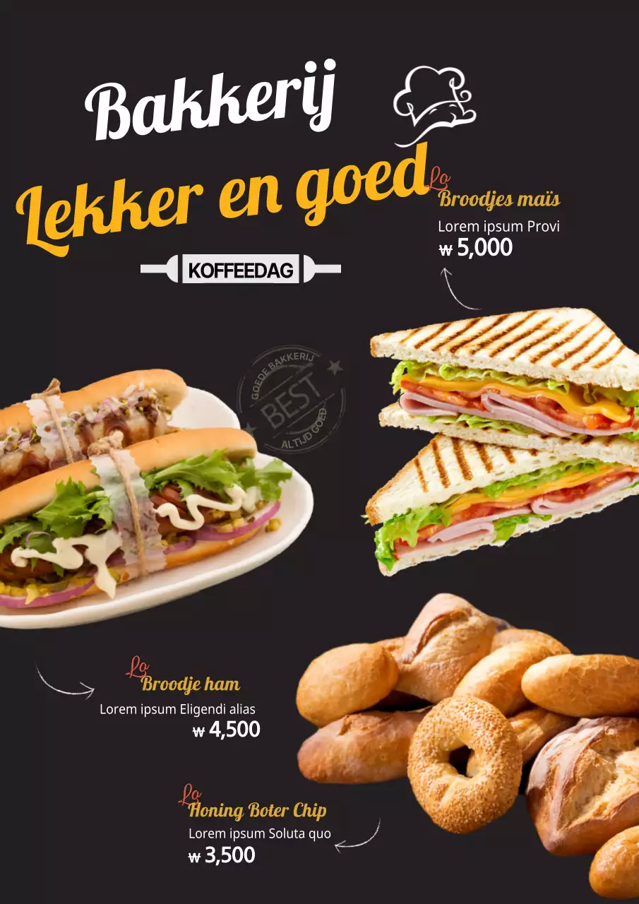 Promoot een nieuw menu met zwarte foto's van bakkerijproducten