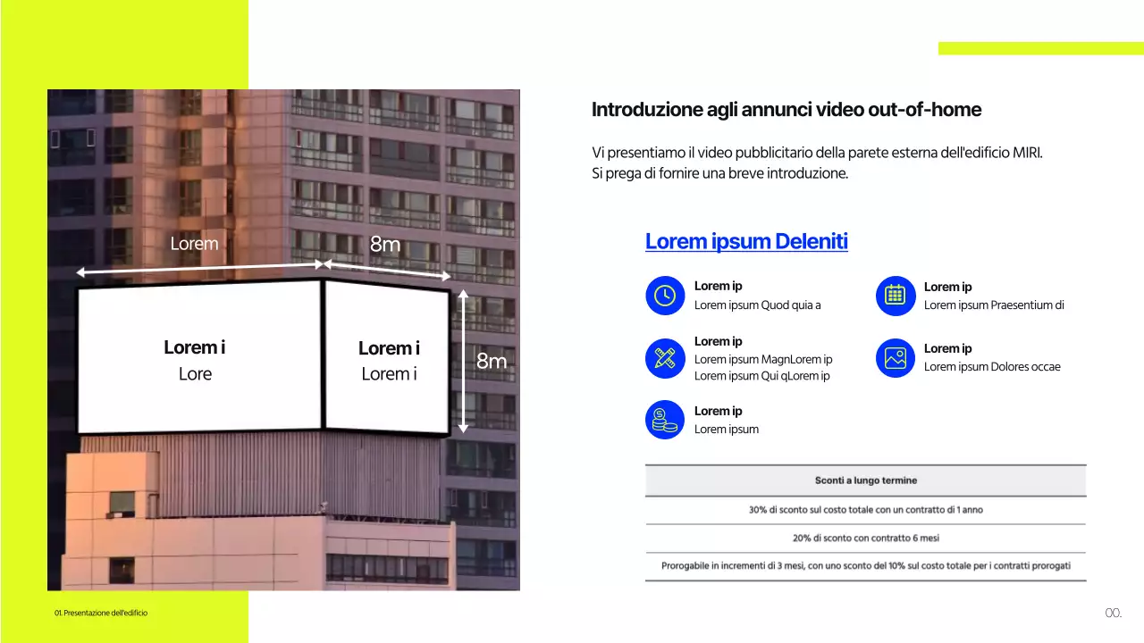 Proposta di cartellone pubblicitario per edifici di colore blu e lime