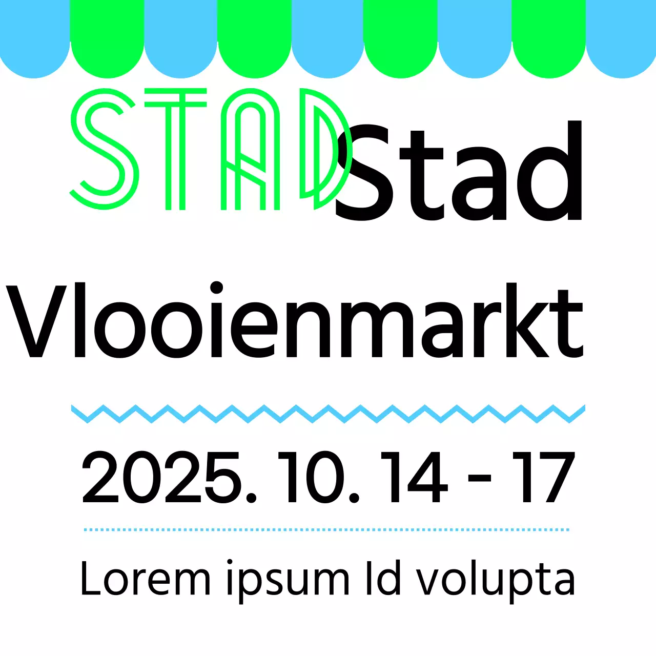 Een promotiebord met een groenzwarte vlooienmarktaankondiging en verschillende illustraties van vormen.