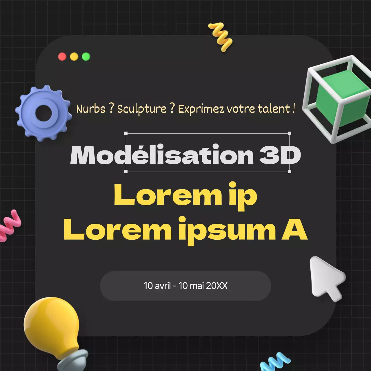 Annonce d'étude de modélisation 3D géométrique noire et jaune