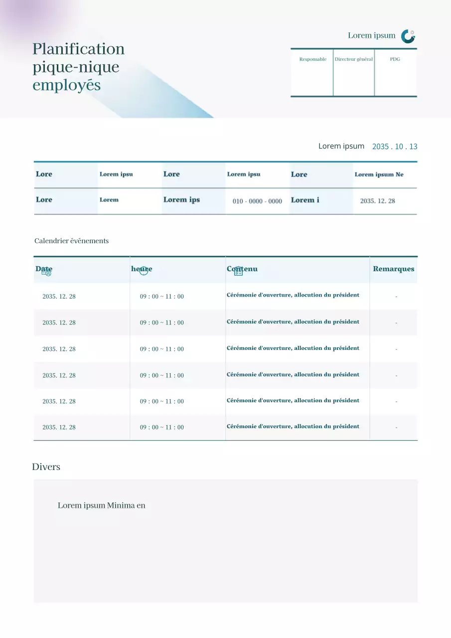 Document bleu clair, simple, sous forme de tableau, pour la planification des pique-niques des employés