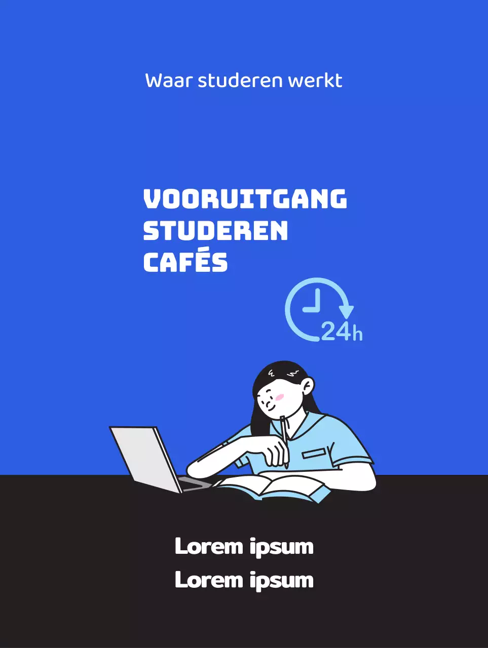 Promoot een schoon studiecafé met een illustratie van een studerende student op een blauwe achtergrond