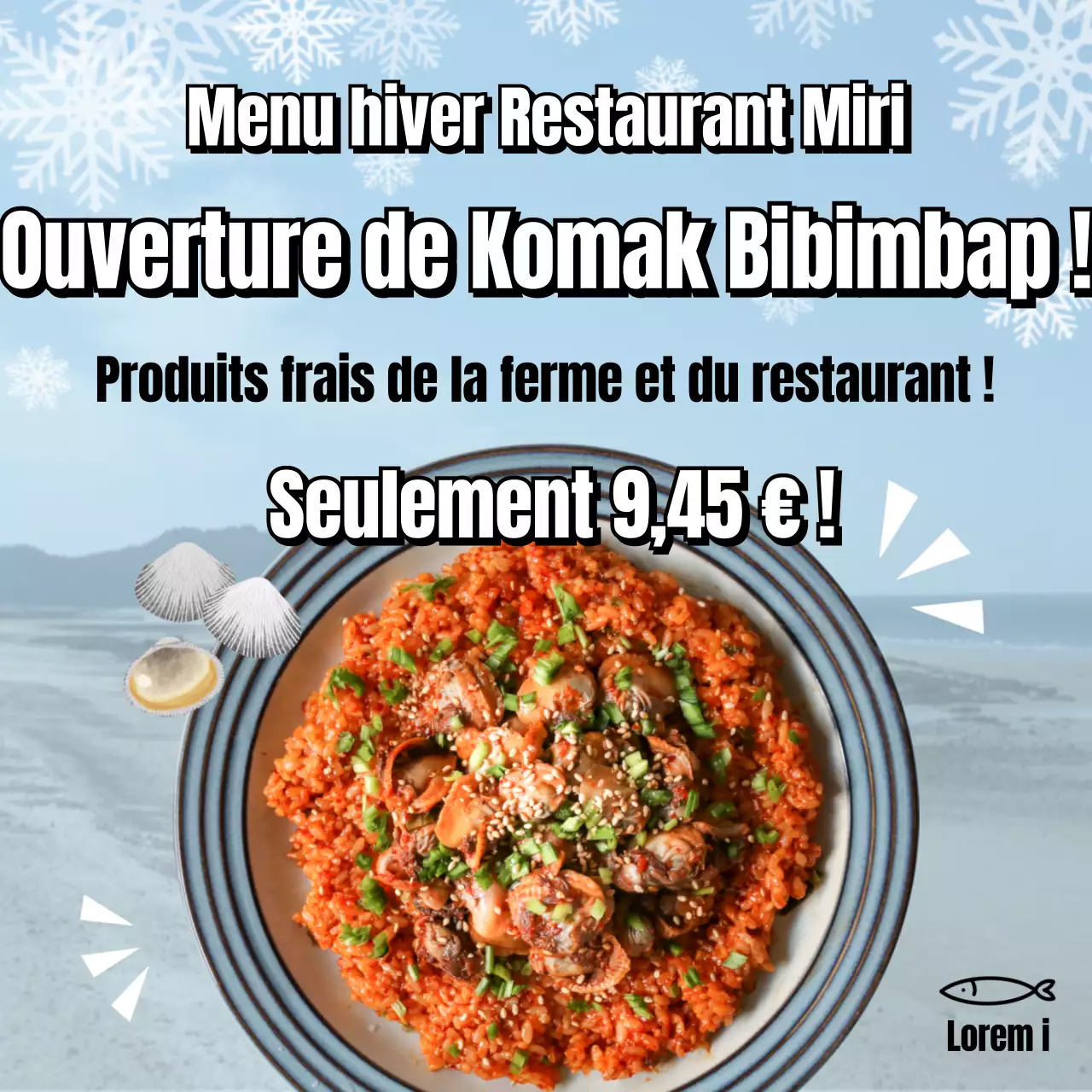 Menu saisonnier d'hiver avec un concept rafraîchissant de mer d'hiver, komak bibimbap