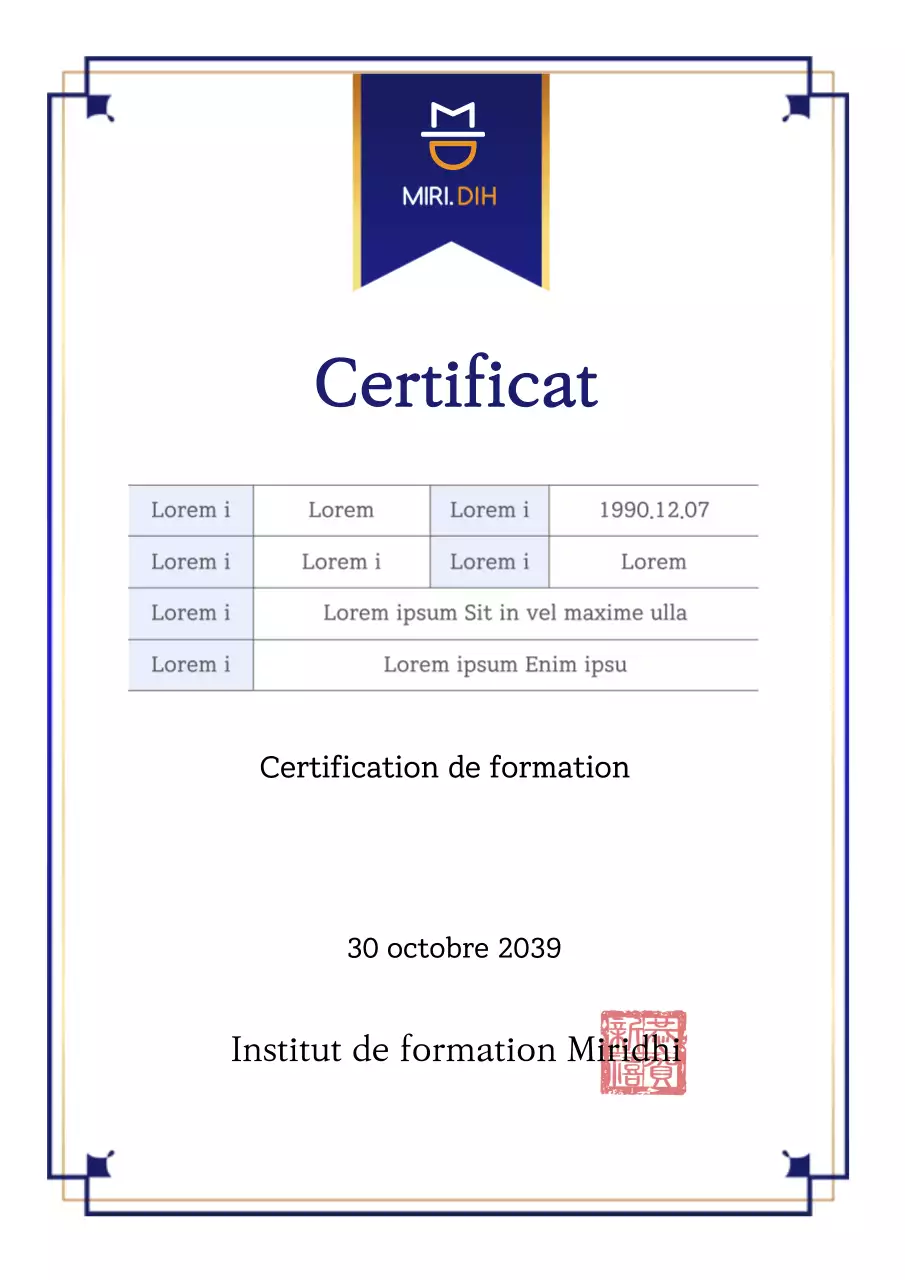 Certificat d'achèvement de la formation Navy & Gold Modèle de certificat d'achèvement de la formation