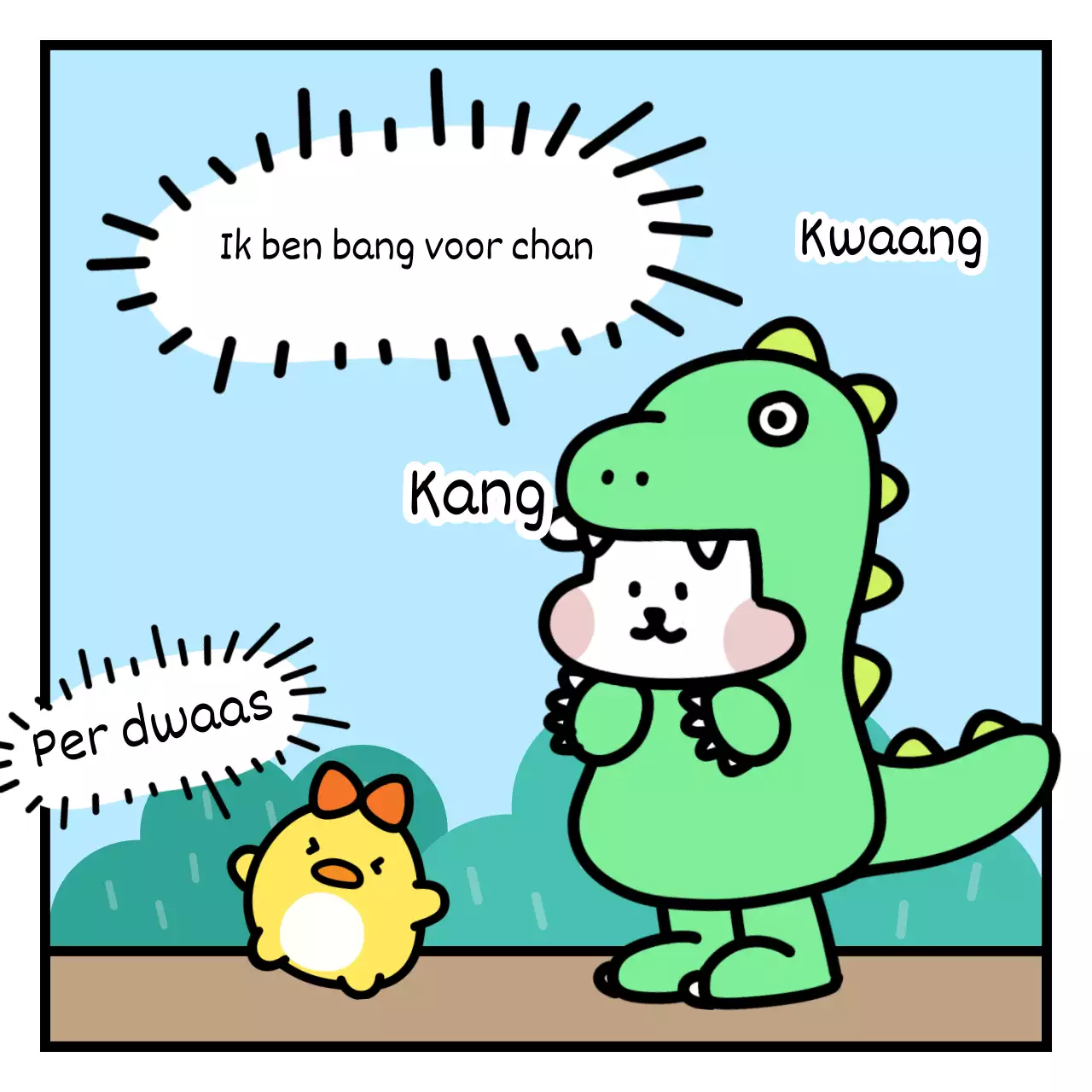 Een schattige puppy verkleed als dinosaurus met een emoji-gevoel in een lichtblauw en groen bos.