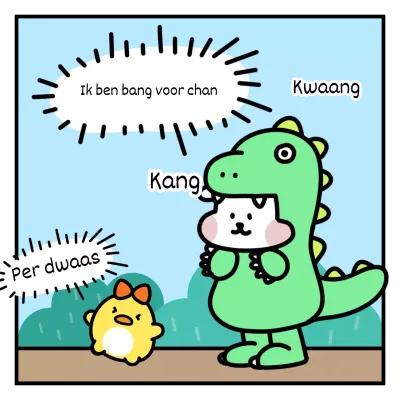 Een schattige puppy verkleed als dinosaurus met een emoji-gevoel in een lichtblauw en groen bos.