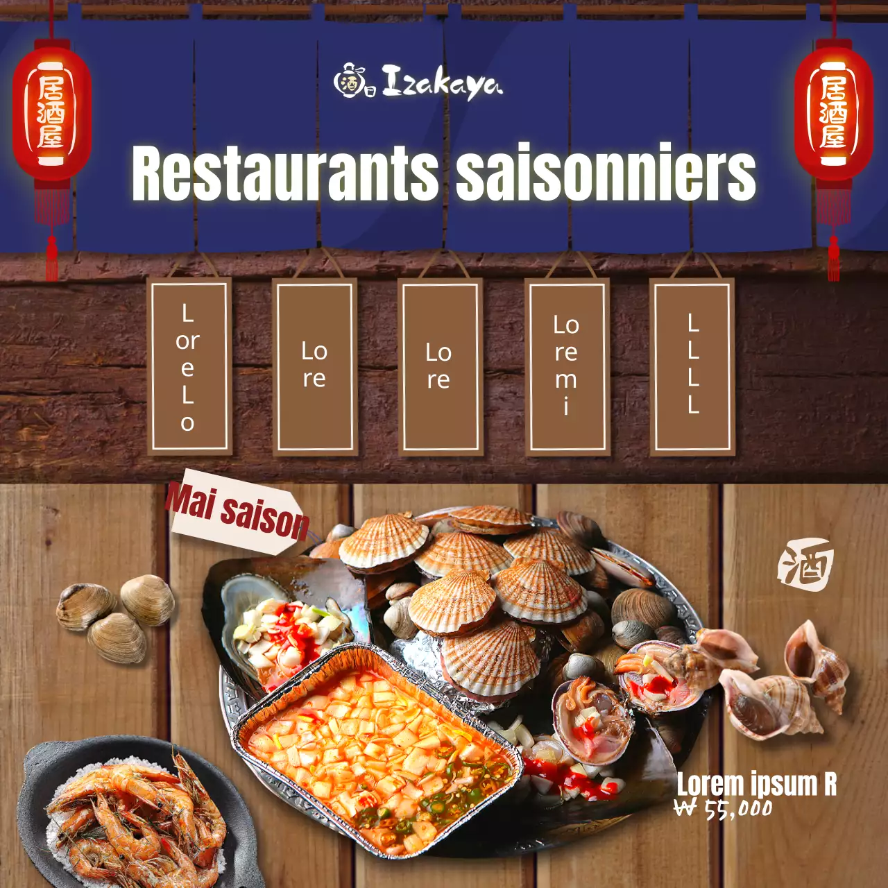 Un izakaya saisonnier aux allures d'izakaya japonais dans des tons bleu marine et marron Médias sociaux