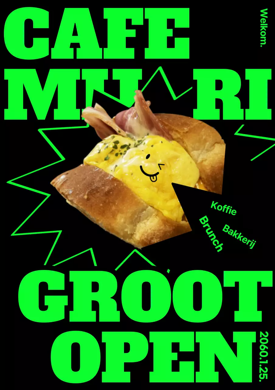 Een hip bakkerijcafé openen in zwart en neongroen (webposter verticaal)