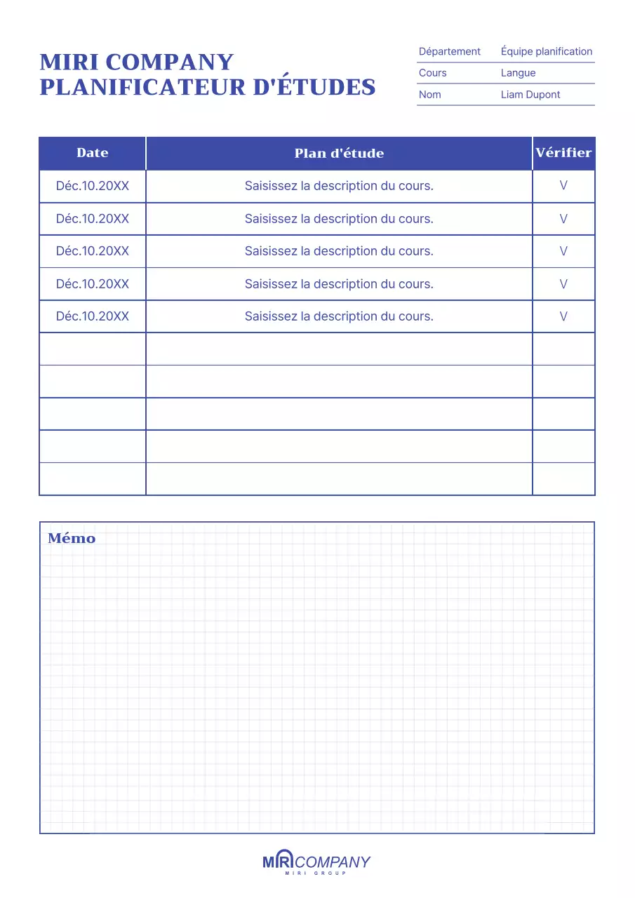 Un planificateur d'études bleu propre