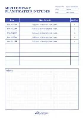 Un planificateur d'études bleu propre