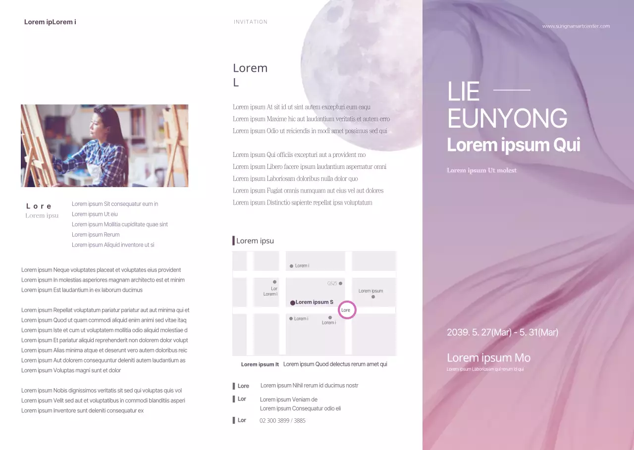 Guide de l'exposition personnelle au musée d'art conceptuel moderne violet et blanc