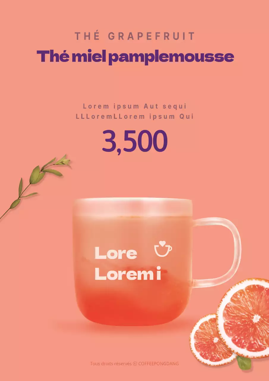 Promouvoir un menu de café simple et élégant avec une photo d'un pamplemousse orange et d'un thé au pamplemousse.