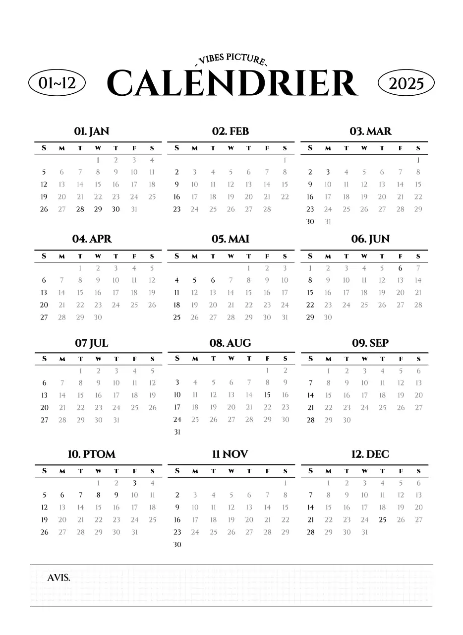 Calendrier mural de style simple avec concept de photographie de voyage émotionnelle en noir et blanc