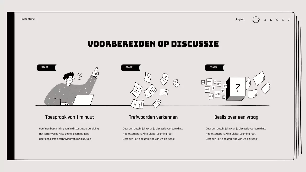 Boekbespreking in klaslokaal met illustraties van tekeningen in beige en zwart