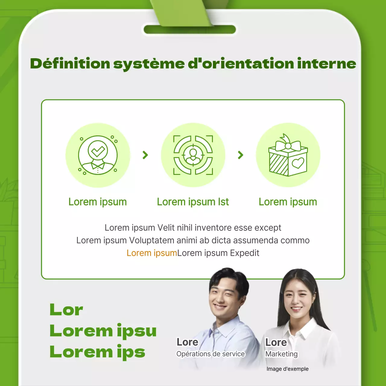 Illustration verte simple et carte d'employé en 3D pour présenter le système d'orientation interne.