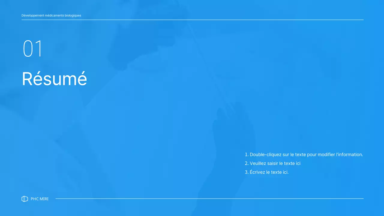 Un plan d'affaires propre, aux tons bleus, pour une entreprise pharmaceutique qui développe un nouveau médicament.