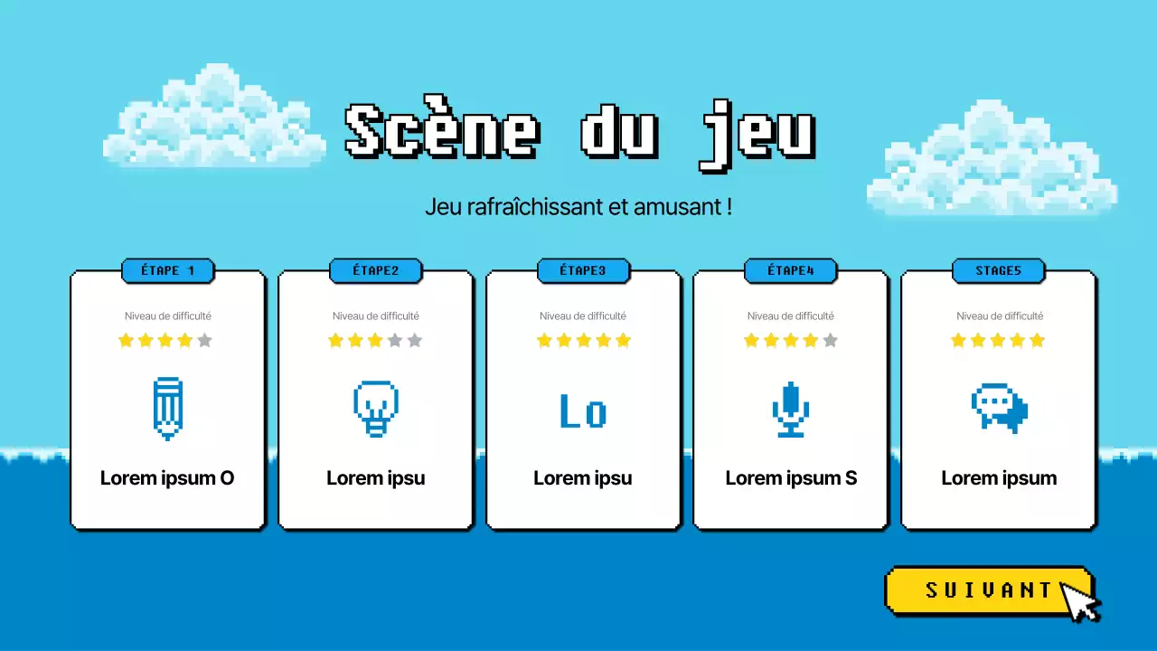 Jeu-questionnaire d'atelier à l'ambiance pixelisée bleue et jaune