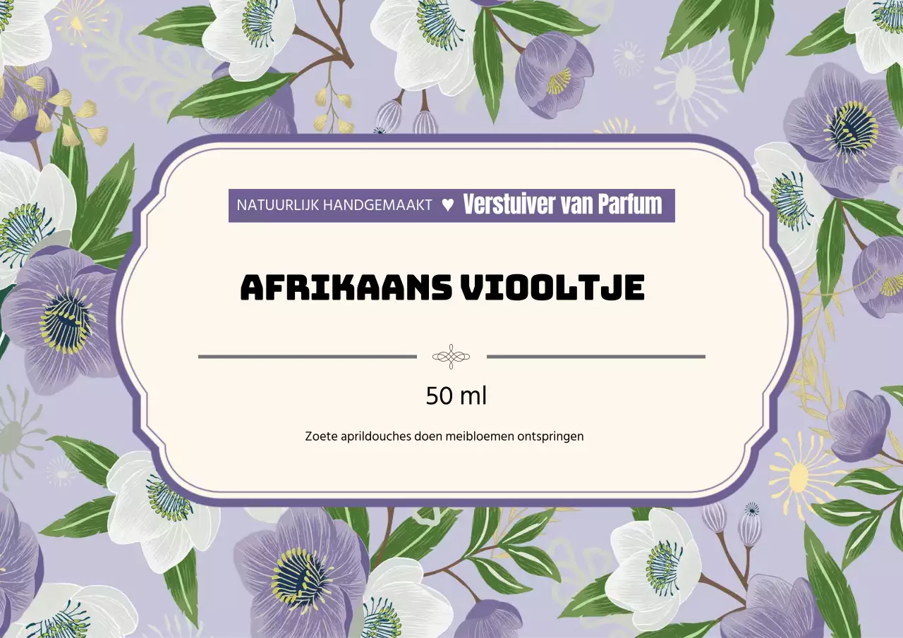 Vintage parfumlabel met paarse illustratie