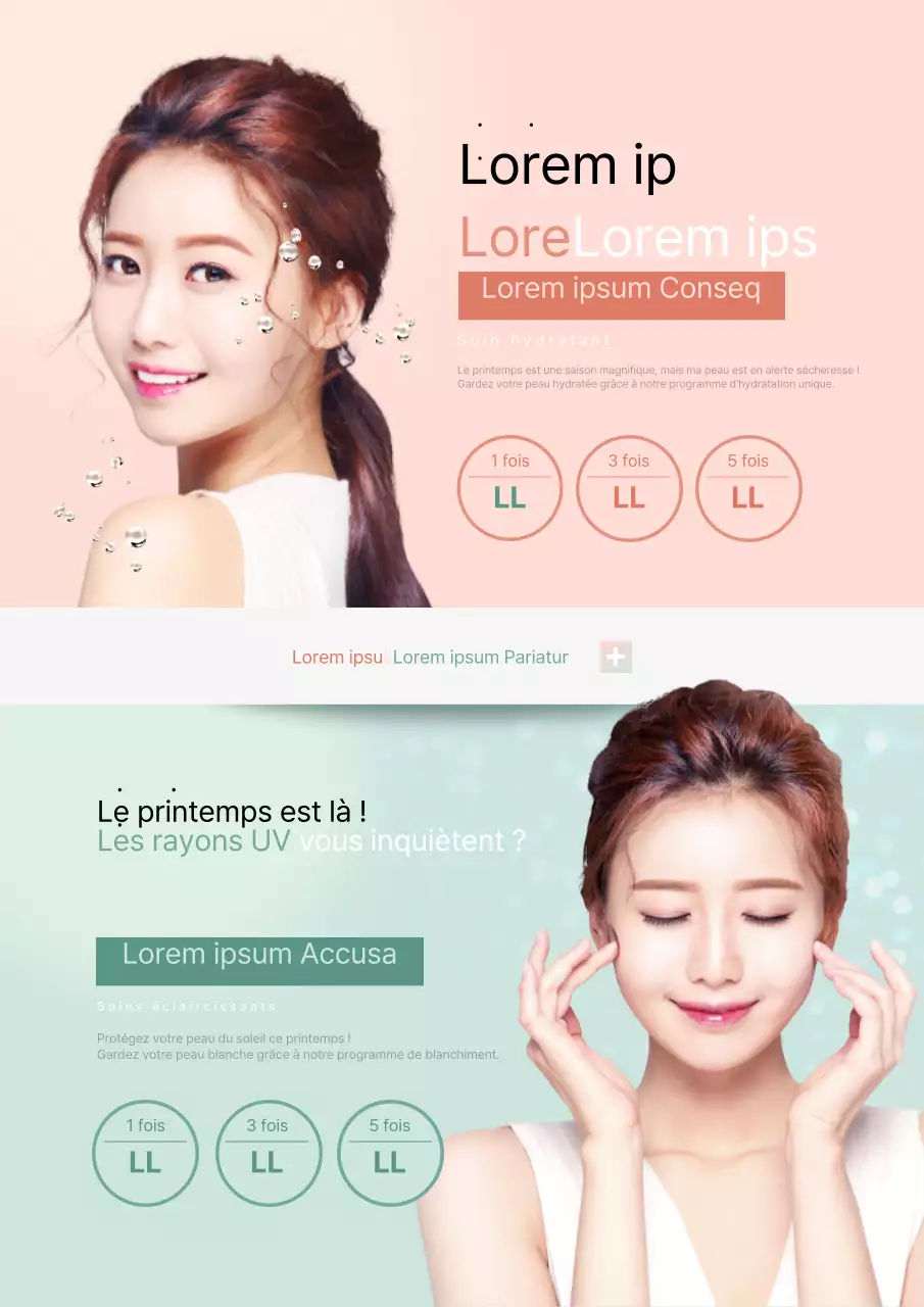 Promouvoir les soins de printemps dans un salon d'esthétique avec la photo d'un mannequin féminin en rose et menthe.