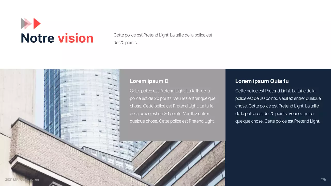 Le briefing d'une entreprise de construction pour un investissement avec un schéma de couleurs nettes de marine et de rouge.