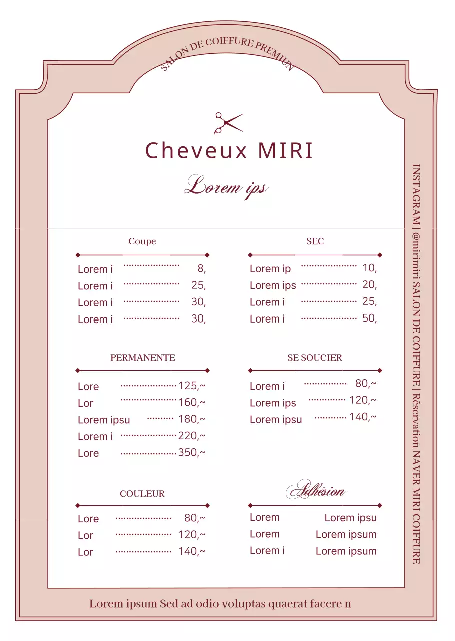 Tableau des prix d'un salon de coiffure dans un cadre vintage rose