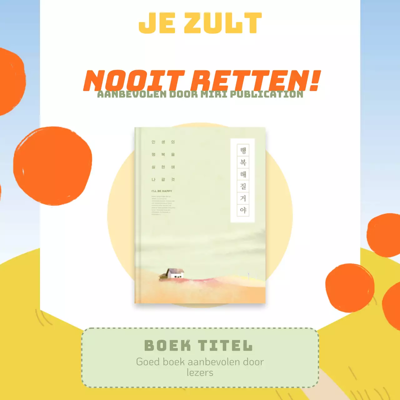 Boek aanbeveling promotie met geel en oranje illustratie achtergrond V1